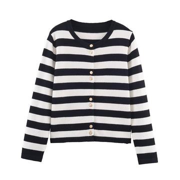 Black And White Striped Knitted Cardigan For Women