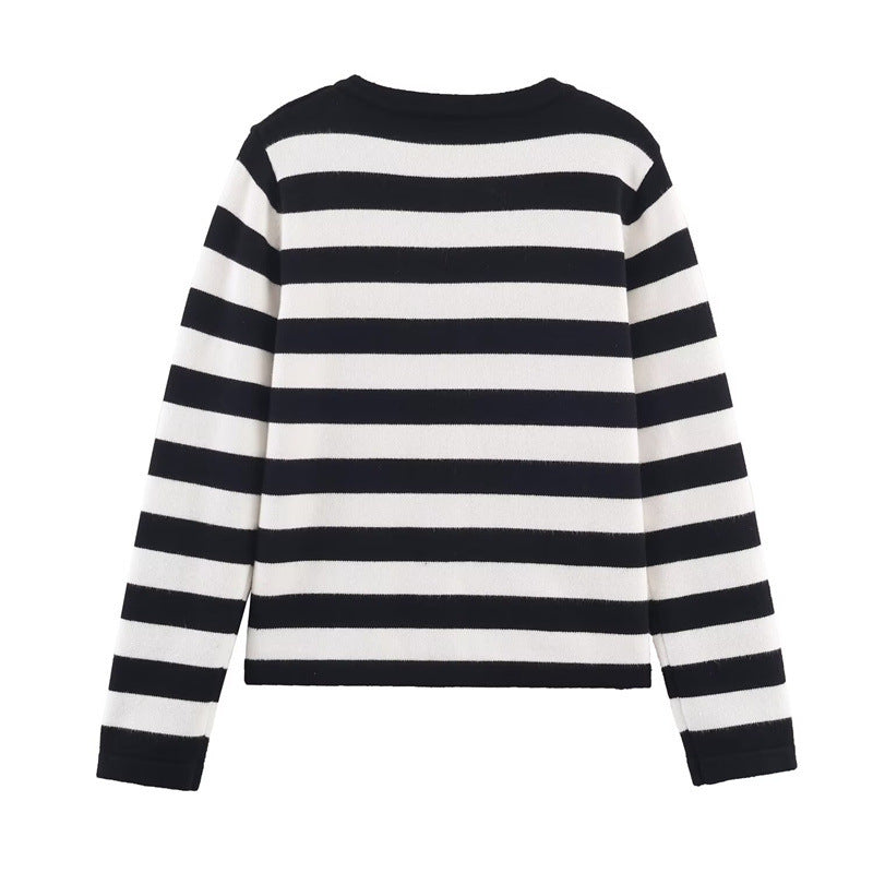 Black And White Striped Knitted Cardigan For Women